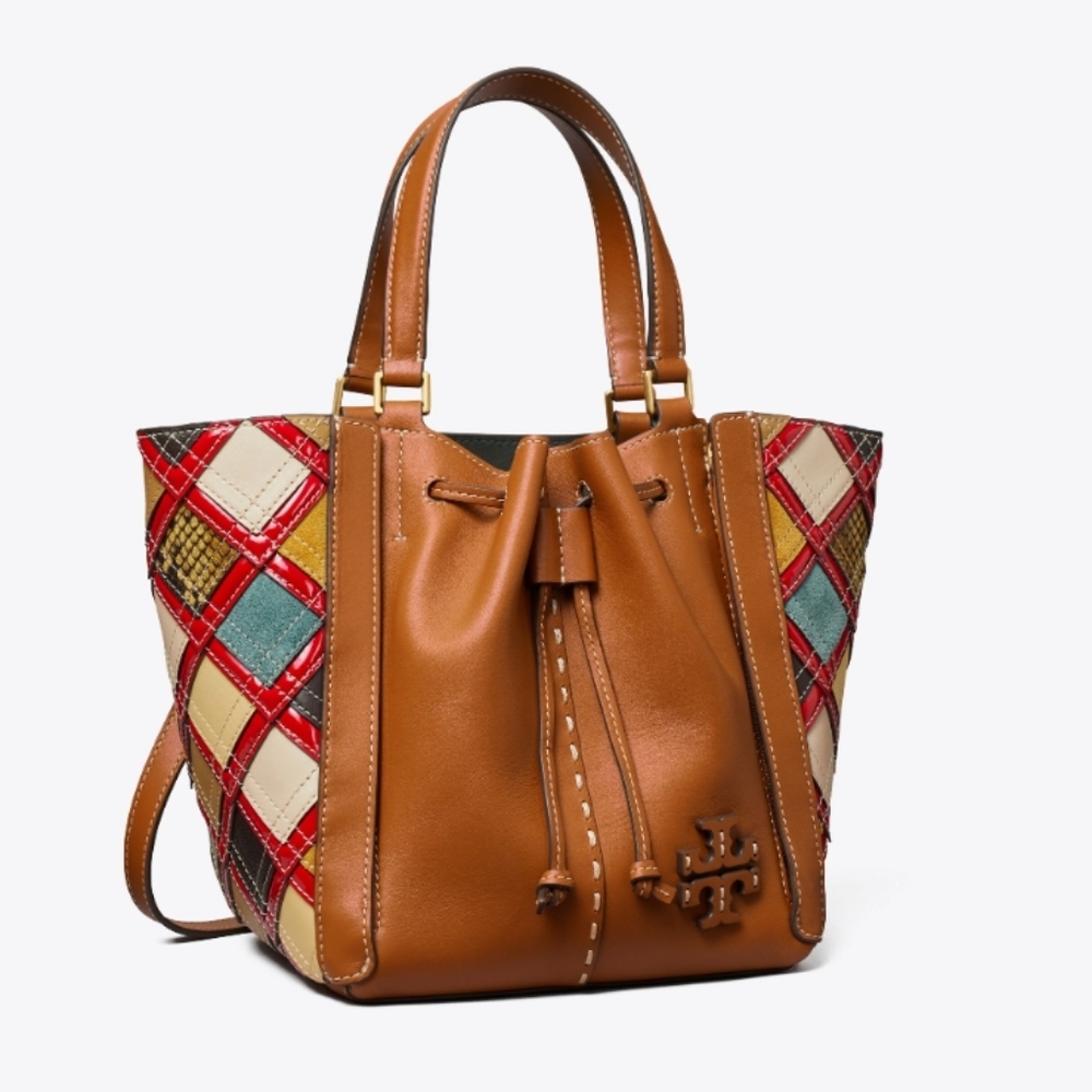 Tory Burch Tan Leather Patchwork Drawstring Tote